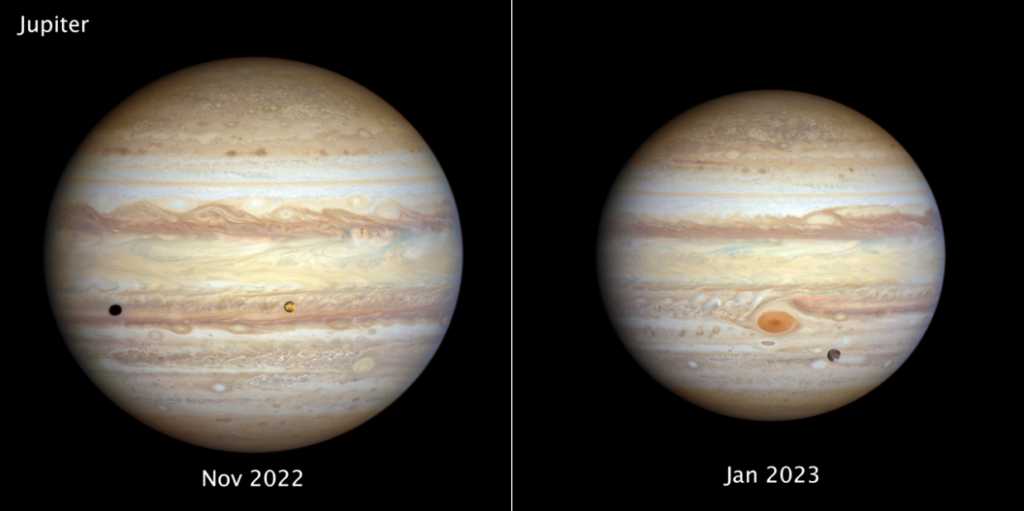 Jupiter has many storms. The Great Red Spot has been observed for centuries.