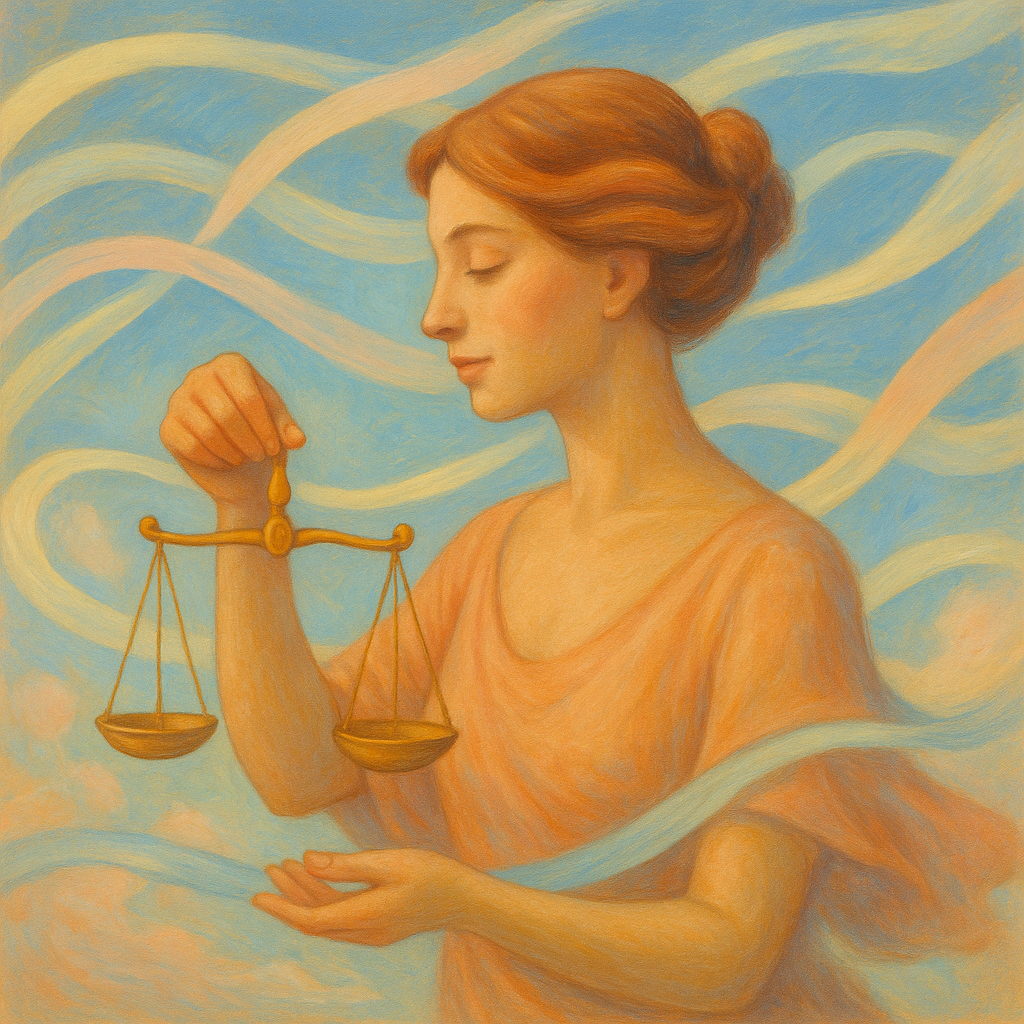 Libra: woman in orange dress with blue background symbolizing air sign