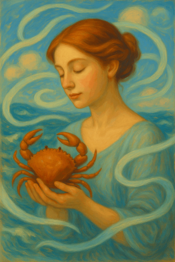 cancer woman holding a crab with water in the background